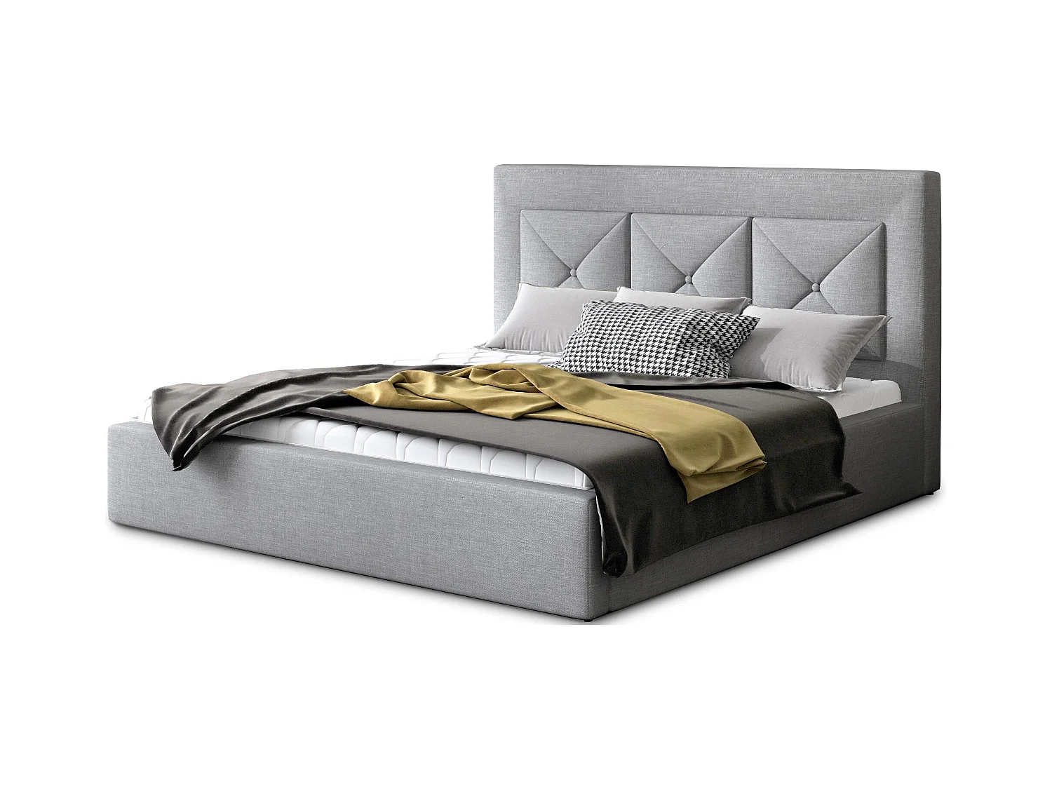 Lit double rembourré en tissu Clarin-Couleur Gris clair-160x200-Version coffre de rangement