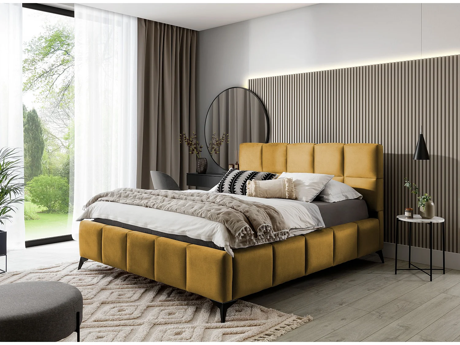Lit coffre de luxe velours capitonné Mister-Couleur Jaune chamoix-140x200