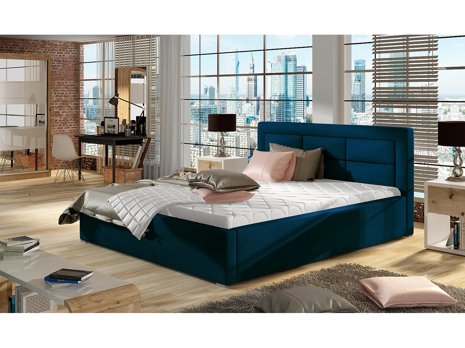 Lit moderne velours capitonné Rizaro-Couleur Bleu nuit-200x200-Version avec sommier