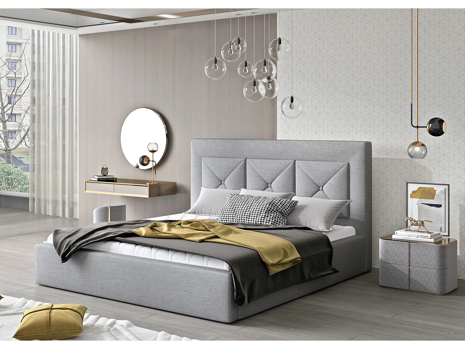 Lit double rembourré en tissu Clarin-Couleur Gris clair-140x200-Version coffre de rangement