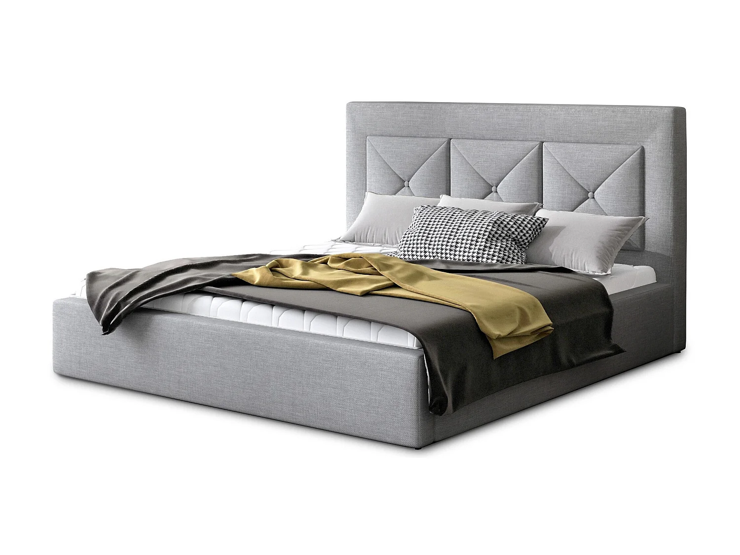 Lit double rembourré en tissu Clarin-Couleur Gris clair-140x200-Version coffre de rangement