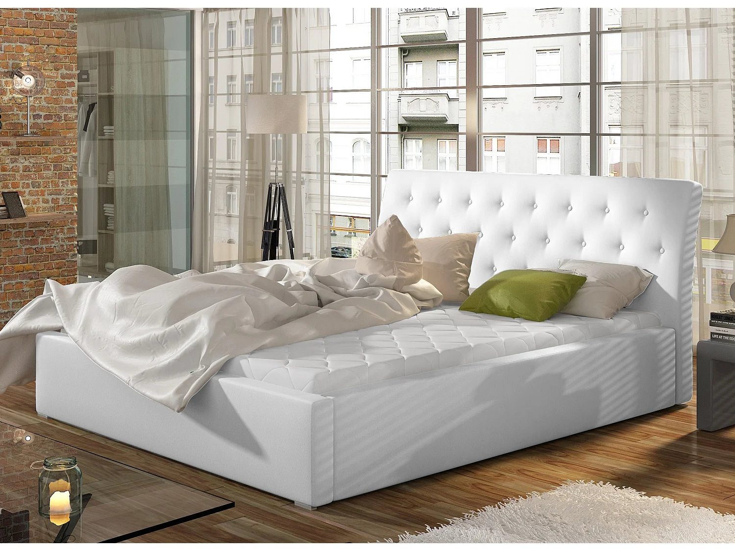 Lit simili cuir capitonné Venizia-Couleur Blanc-140x200-Version avec sommier