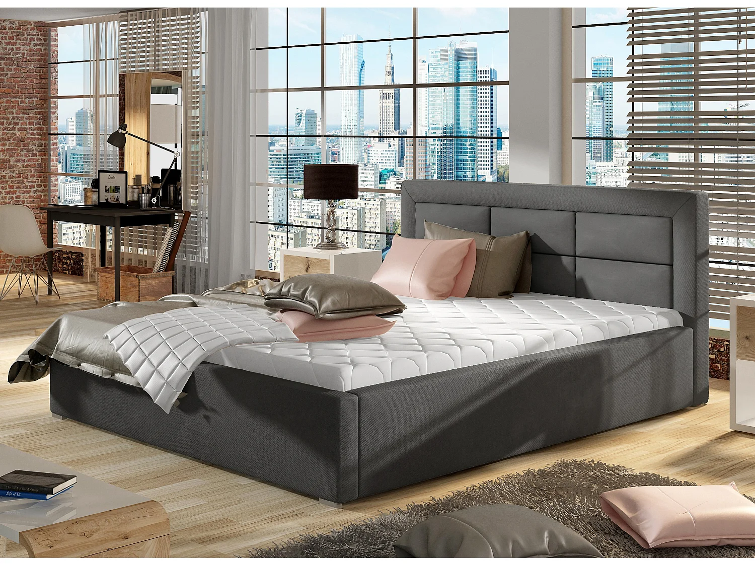 Lit moderne velours capitonné Rizaro-Couleur Gris foncé-200x200-Version coffre de rangement