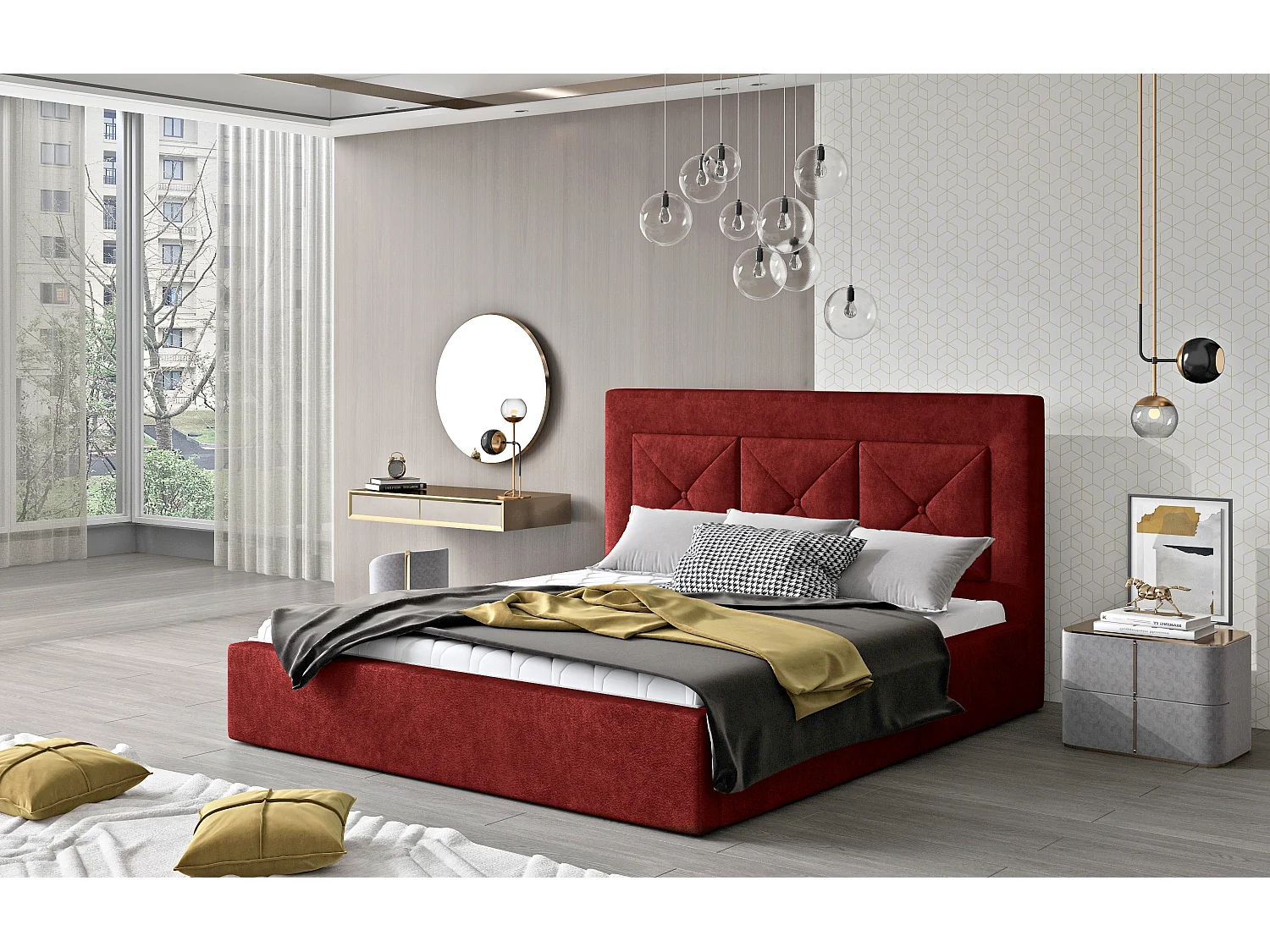 Tweepersoonsbed bekleed met Clarin-stof-Kleur Tomette rood-Slapen 140x200cm-Versie met boxspring