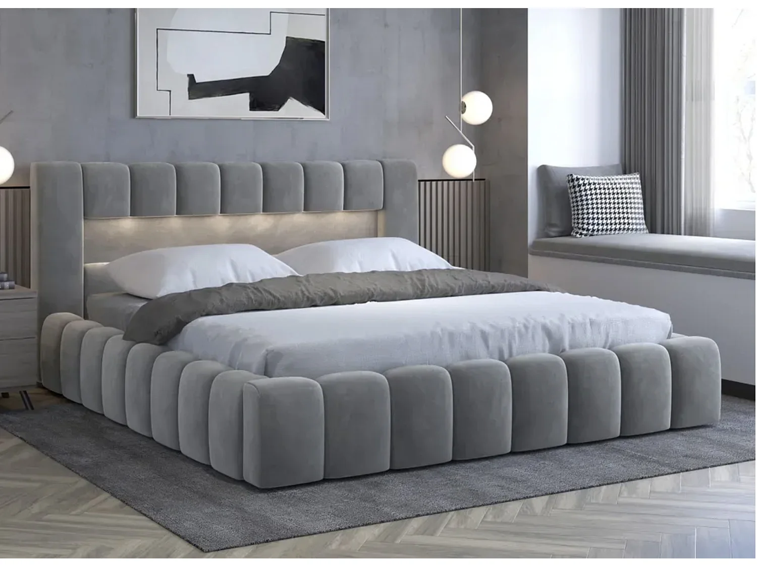 Lit design avec coffre tapissé velours Luto-Couleur Gris-180x200