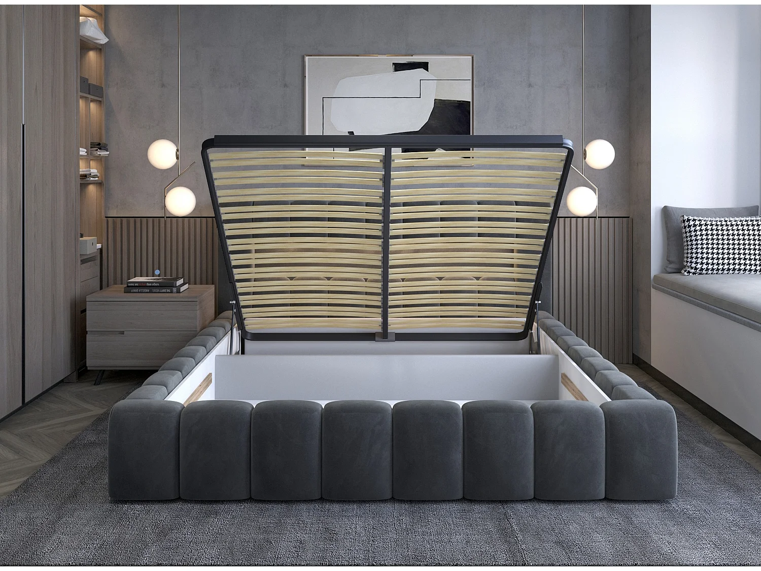 Lit design avec coffre tapissé velours Luto-Couleur Gris-180x200