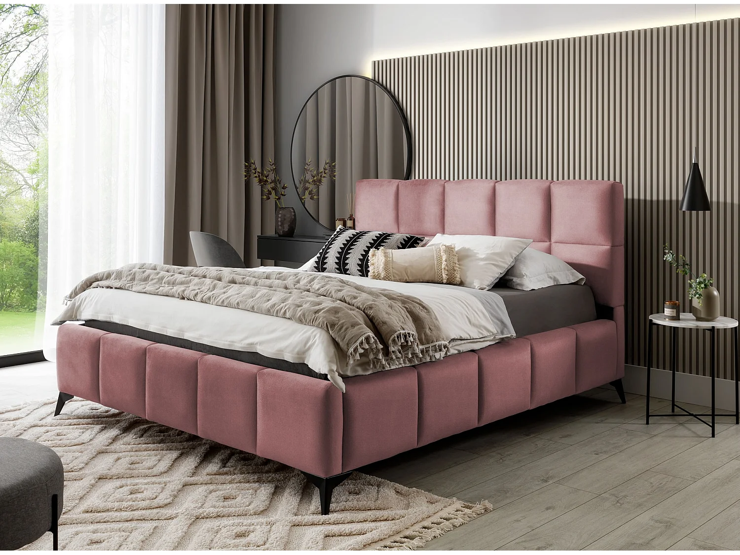 Lit coffre de luxe velours capitonné Mister-Couleur Vieux rose-180x200