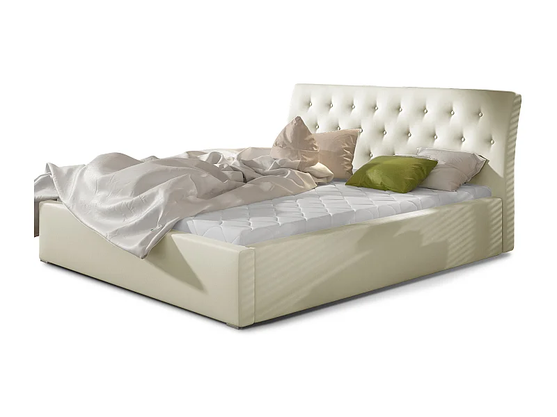 Lit simili cuir capitonné Venizia-Couleur Crème-160x200-Version coffre de rangement