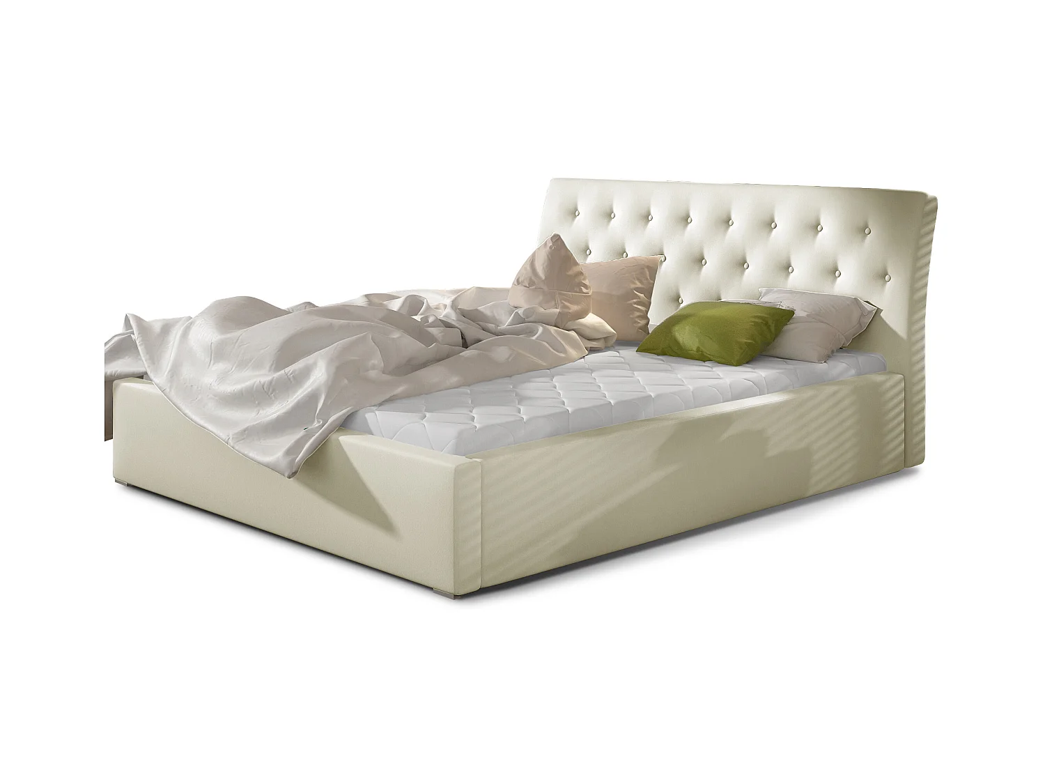 Lit simili cuir capitonné Venizia-Couleur Crème-160x200-Version coffre de rangement