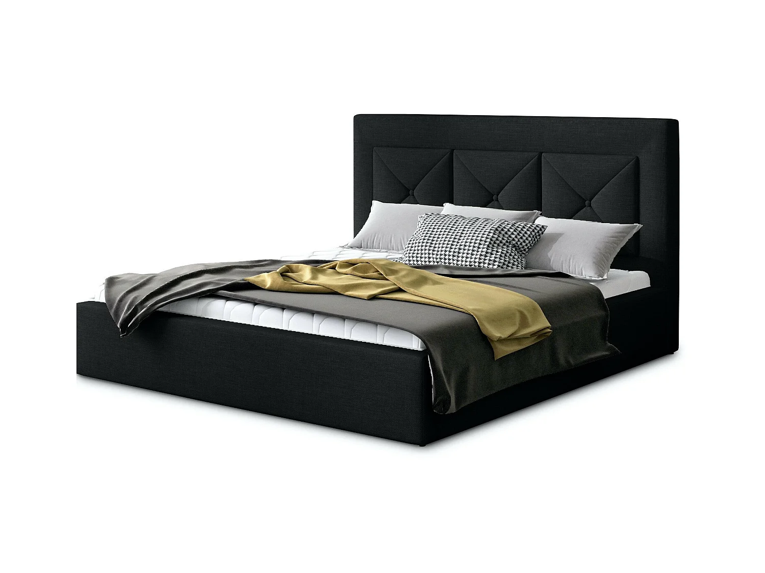 Lit double rembourré en tissu Clarin-Couleur Noir-140x200-Version coffre de rangement