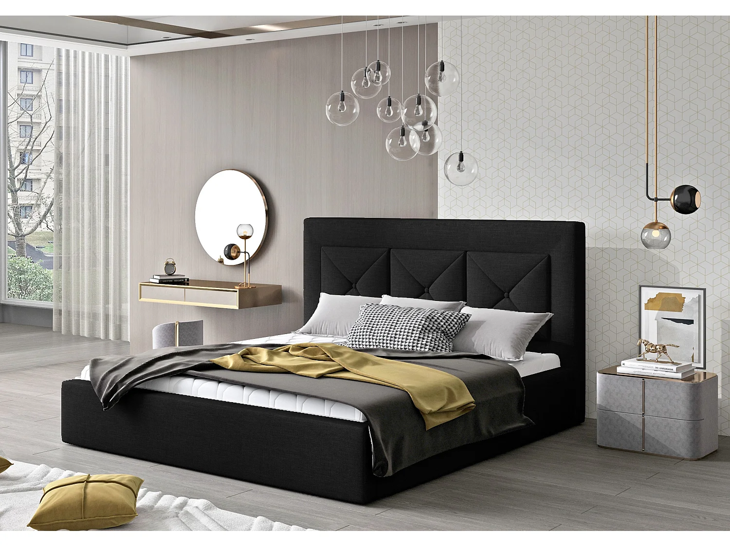 Lit double rembourré en tissu Clarin-Couleur Noir-140x200-Version coffre de rangement