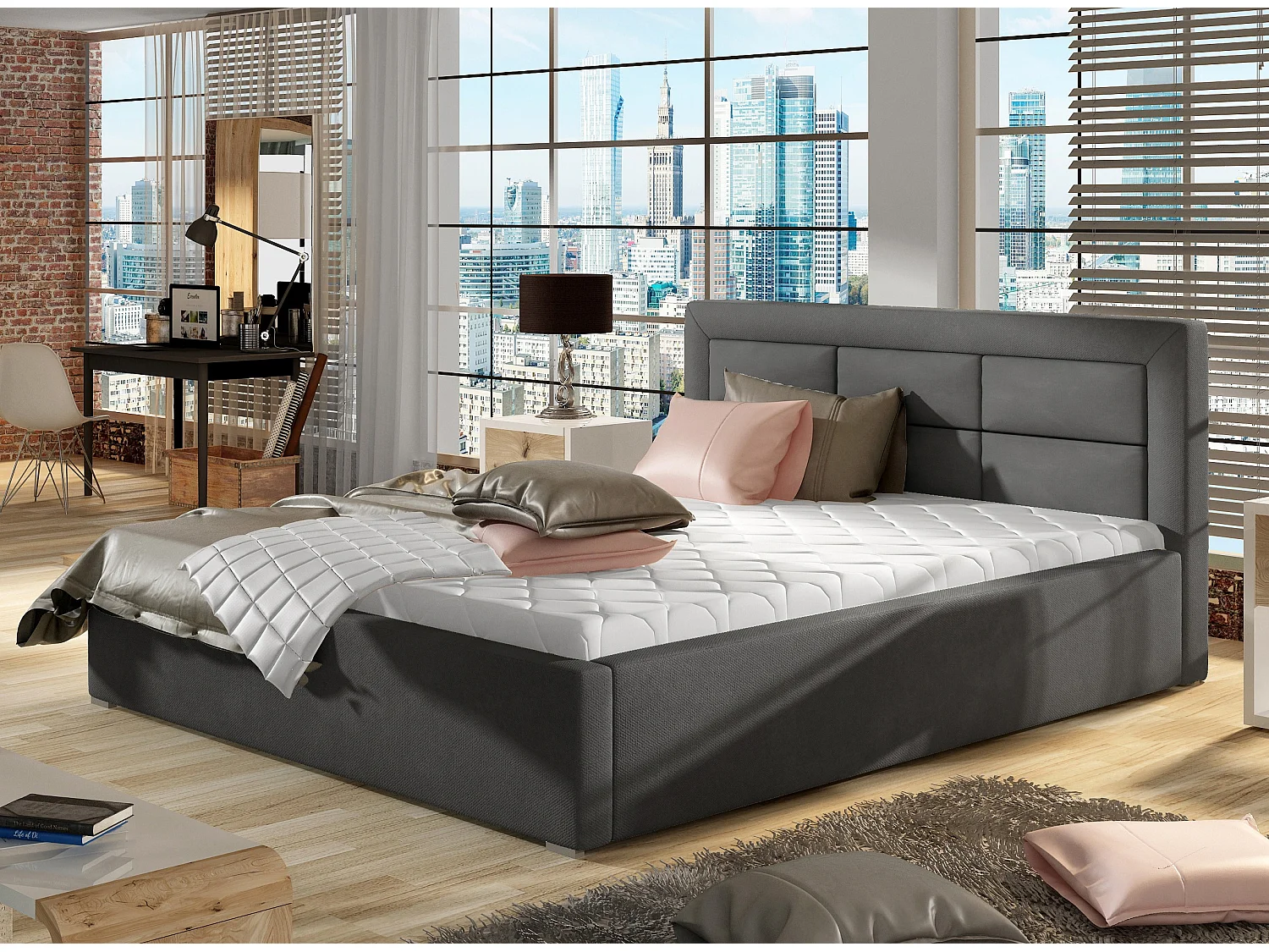 Lit moderne velours capitonné Rizaro-Couleur Gris foncé-140x200-Version avec sommier