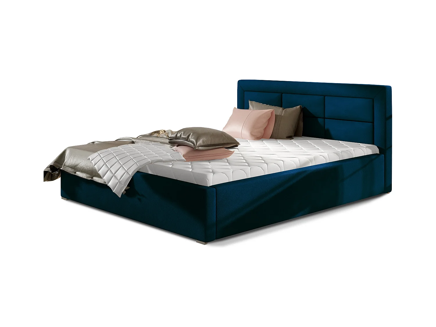 Lit moderne velours capitonné Rizaro-Couleur Bleu nuit-180x200-Version avec sommier