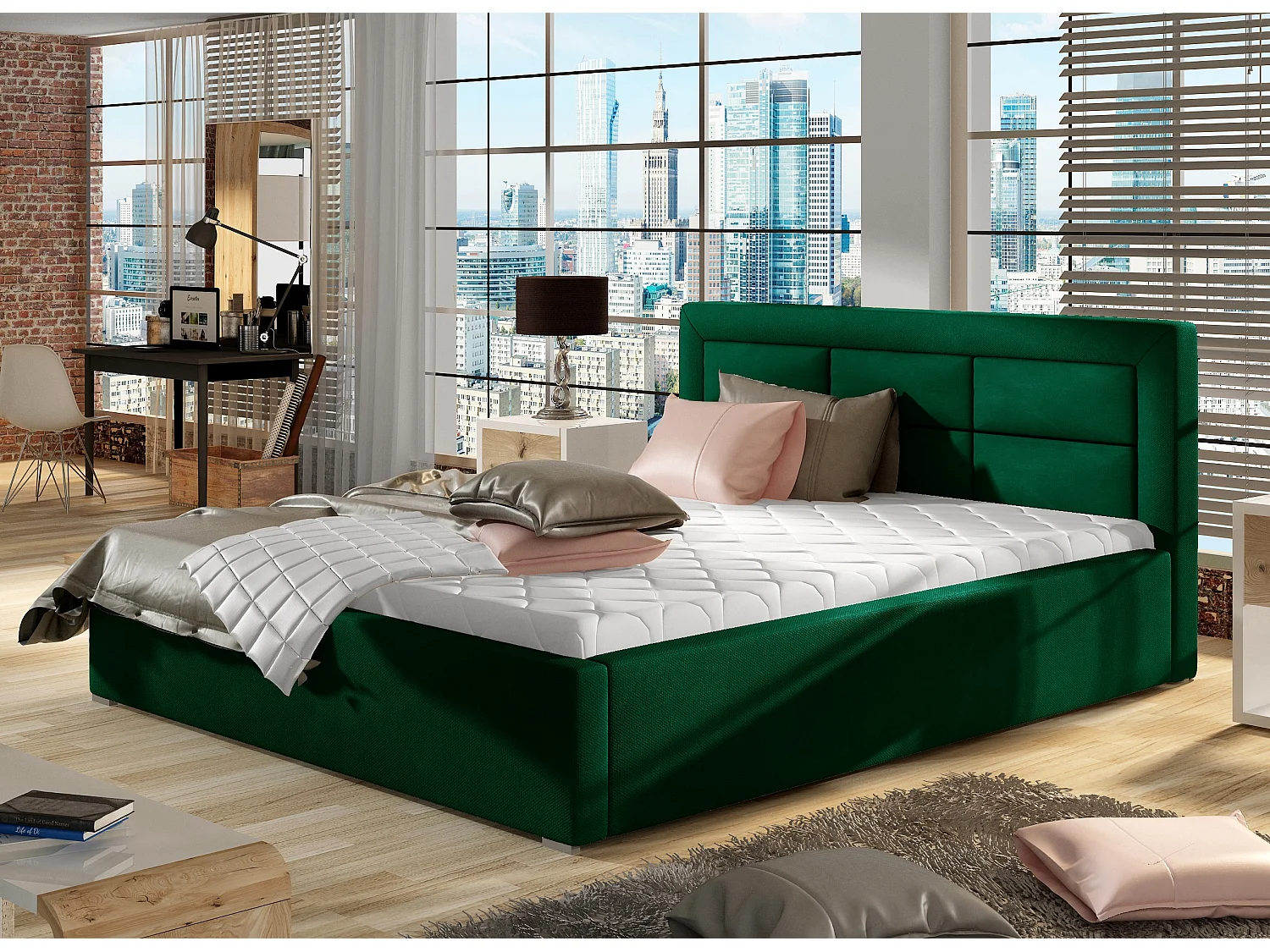 Rizaro modern gewatteerd fluwelen bed-Kleur Spinazie groen-Slapen 140x200cm-Versie opslagruimte