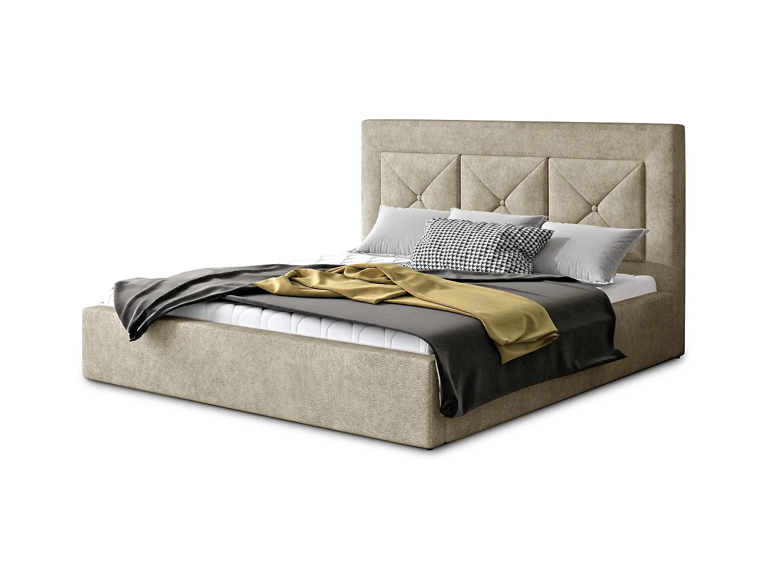 Lit double rembourré en tissu Clarin-Couleur Beige-180x200-Version coffre de rangement