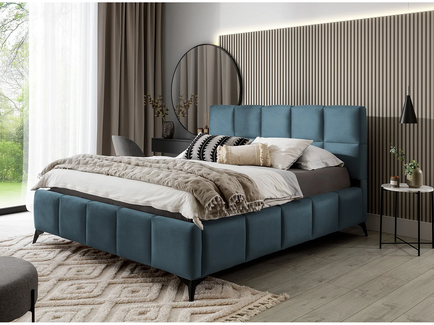 Lit coffre de luxe velours capitonné Mister-Couleur Bleu charron-140x200