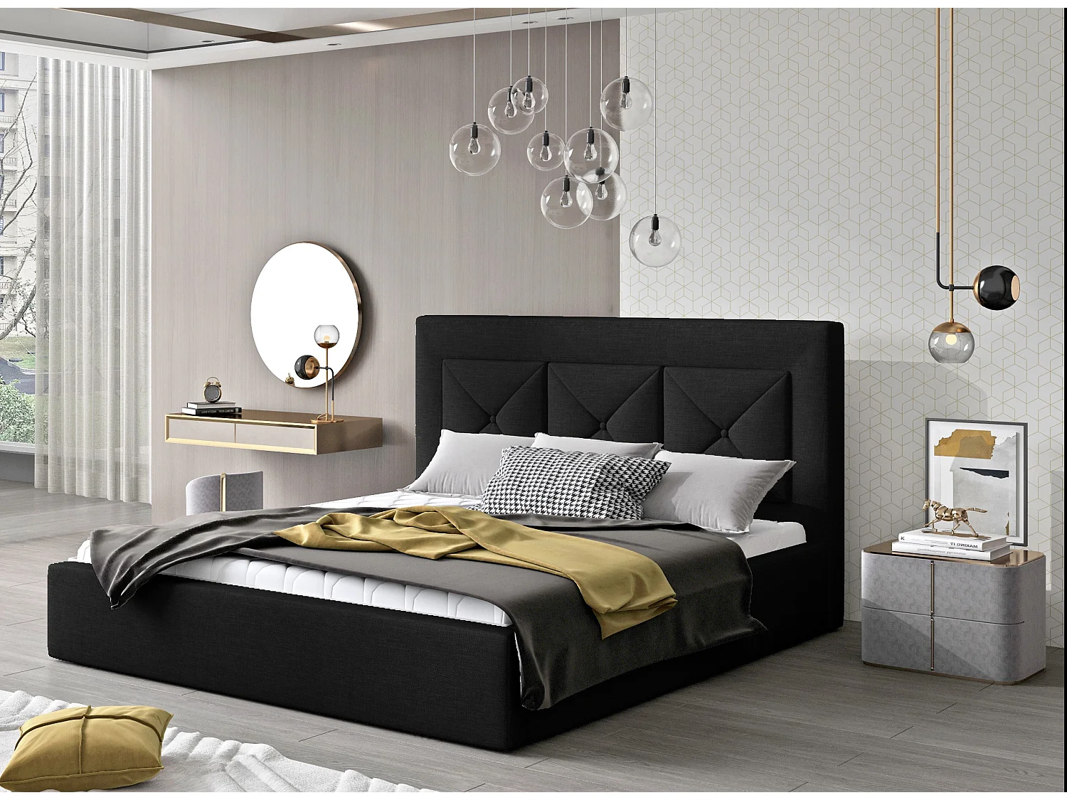 Lit double rembourré en tissu Clarin-Couleur Noir-140x200-Version avec sommier