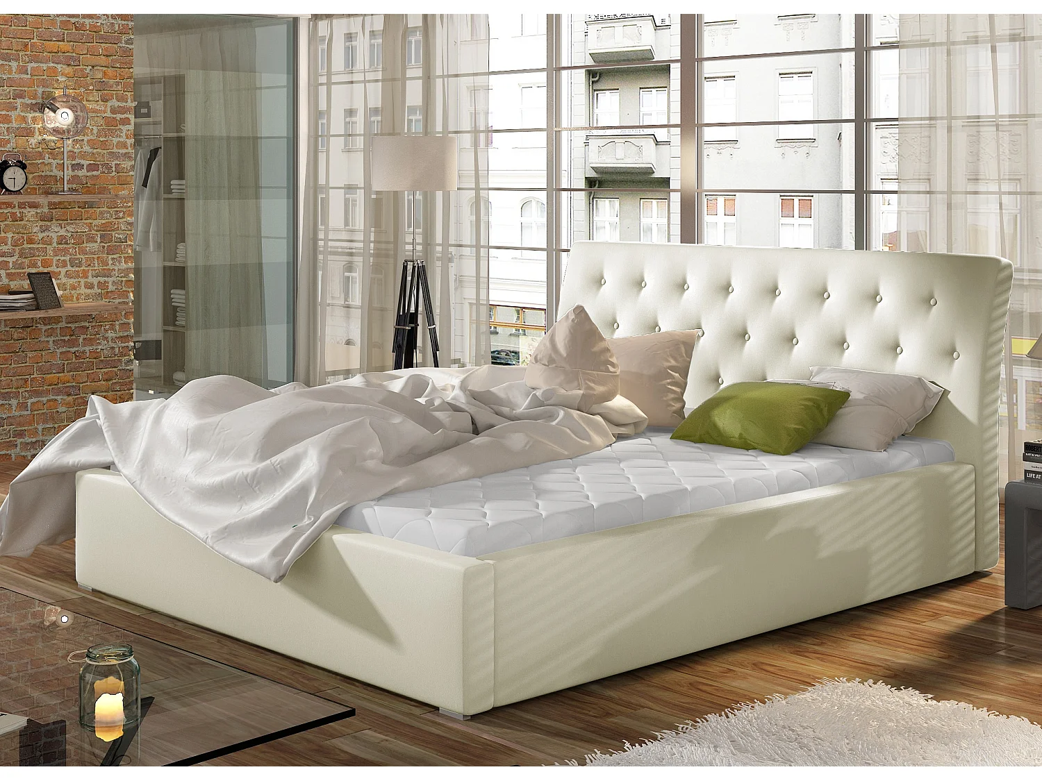 Lit simili cuir capitonné Venizia-Couleur Crème-140x200-Version avec sommier