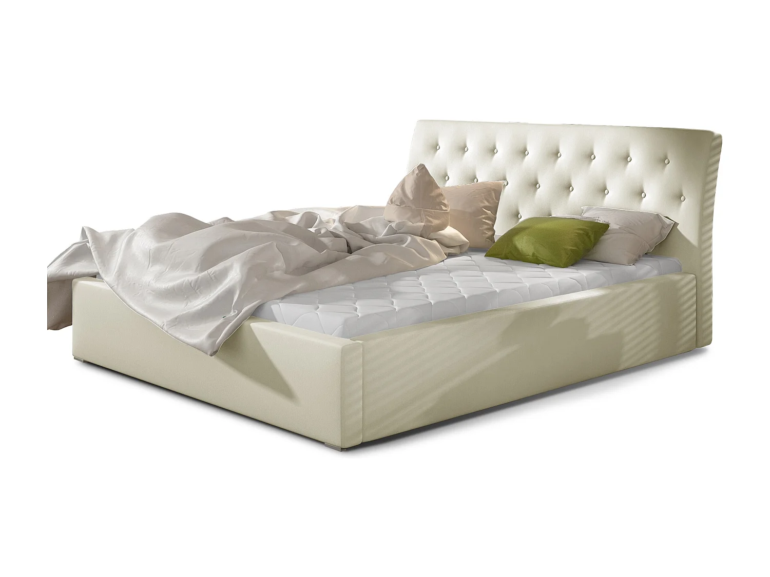 Lit simili cuir capitonné Venizia-Couleur Crème-140x200-Version avec sommier