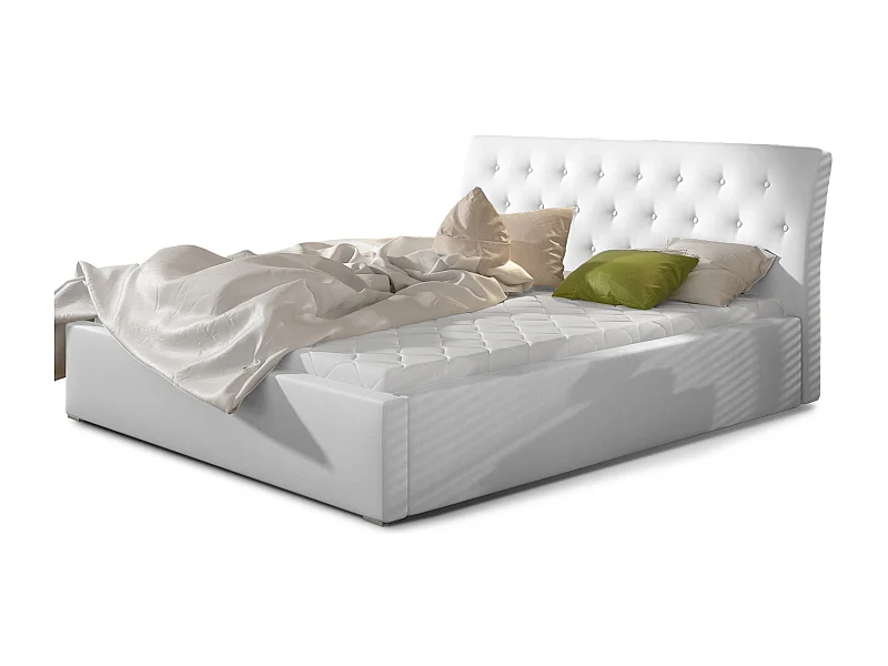 Lit simili cuir capitonné Venizia-Couleur Blanc-180x200-Version coffre de rangement