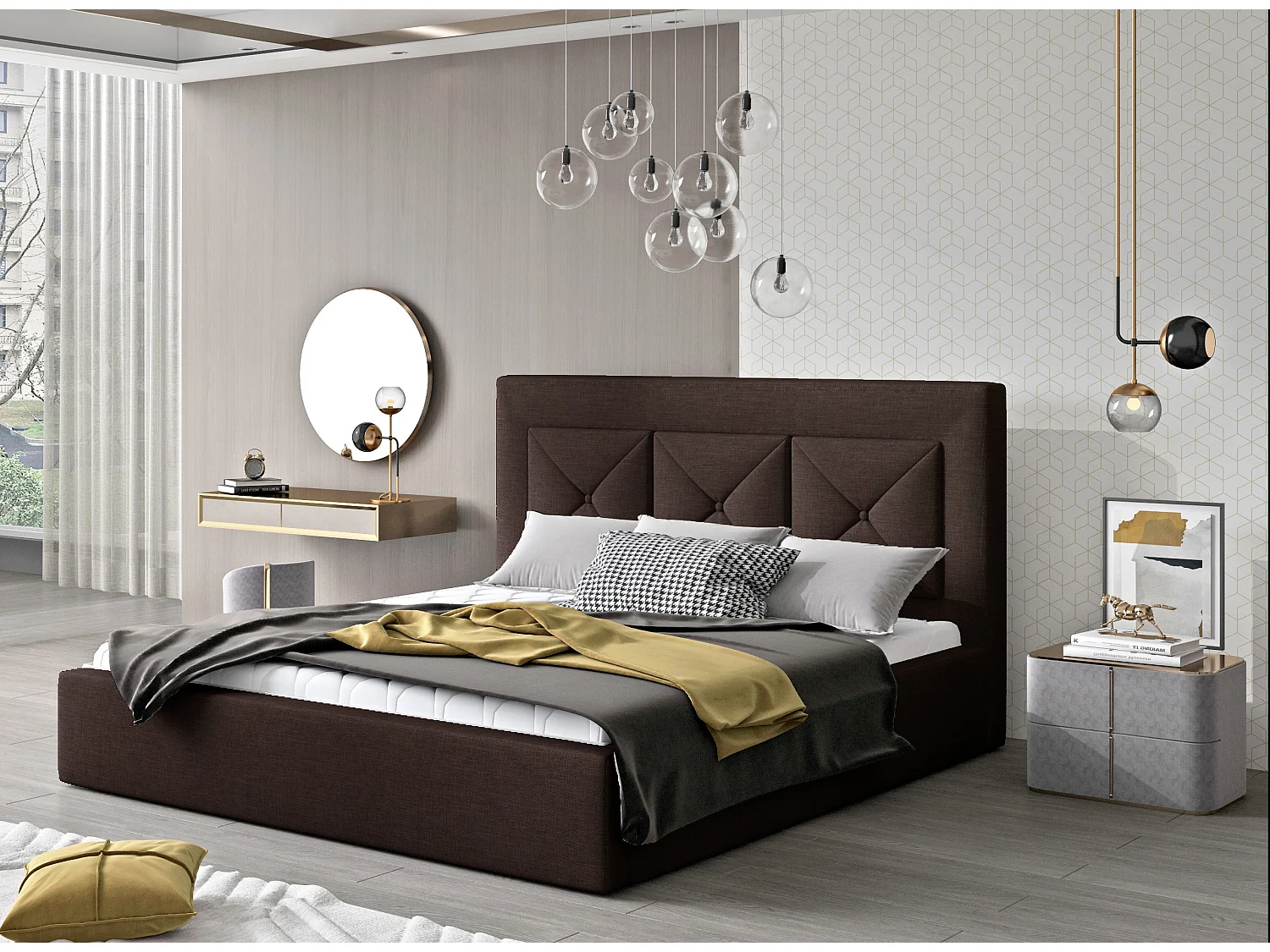 Lit double rembourré en tissu Clarin-Couleur Marron-160x200-Version avec sommier