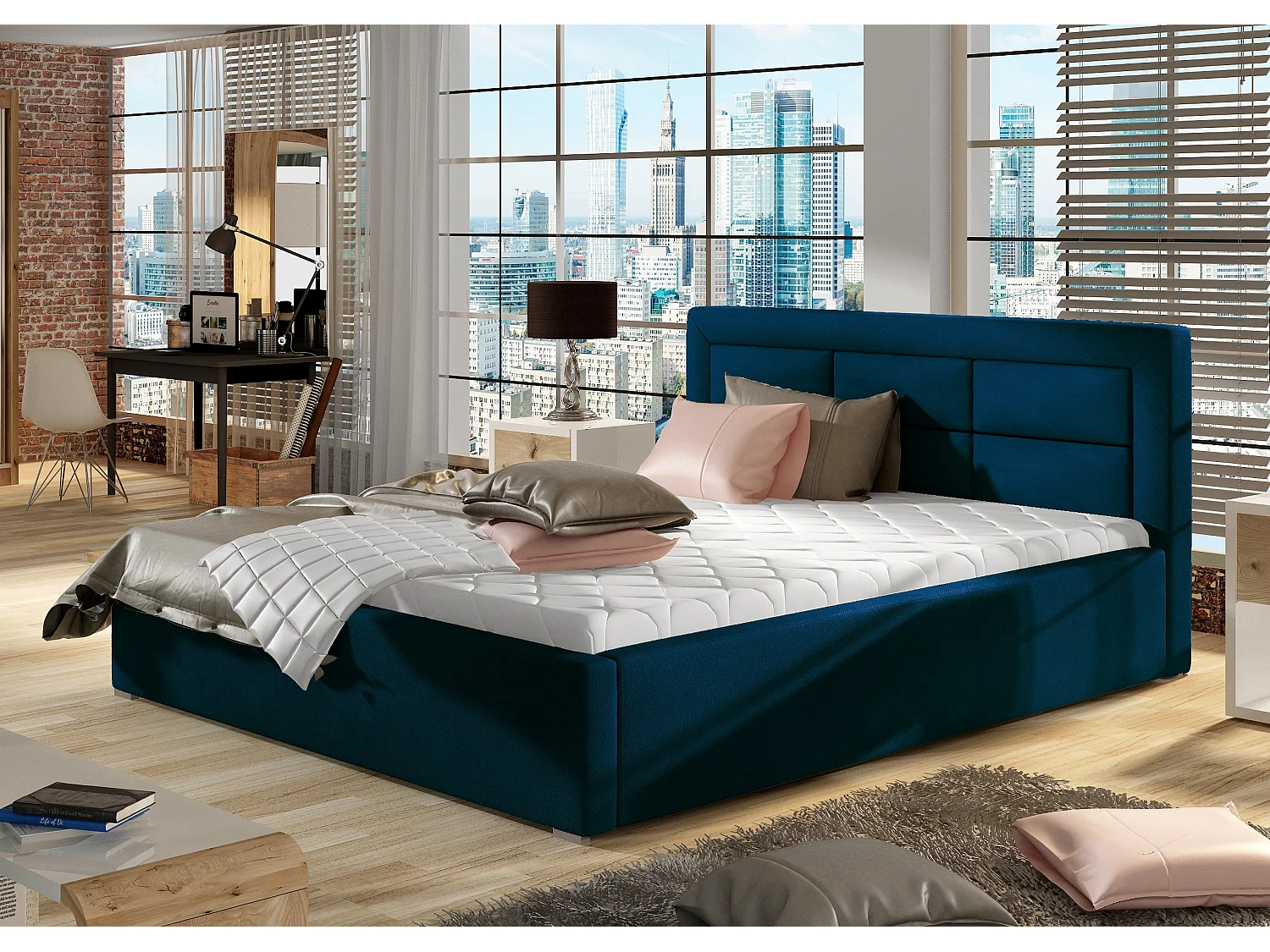 Lit moderne velours capitonné Rizaro-Couleur Bleu nuit-140x200-Version avec sommier