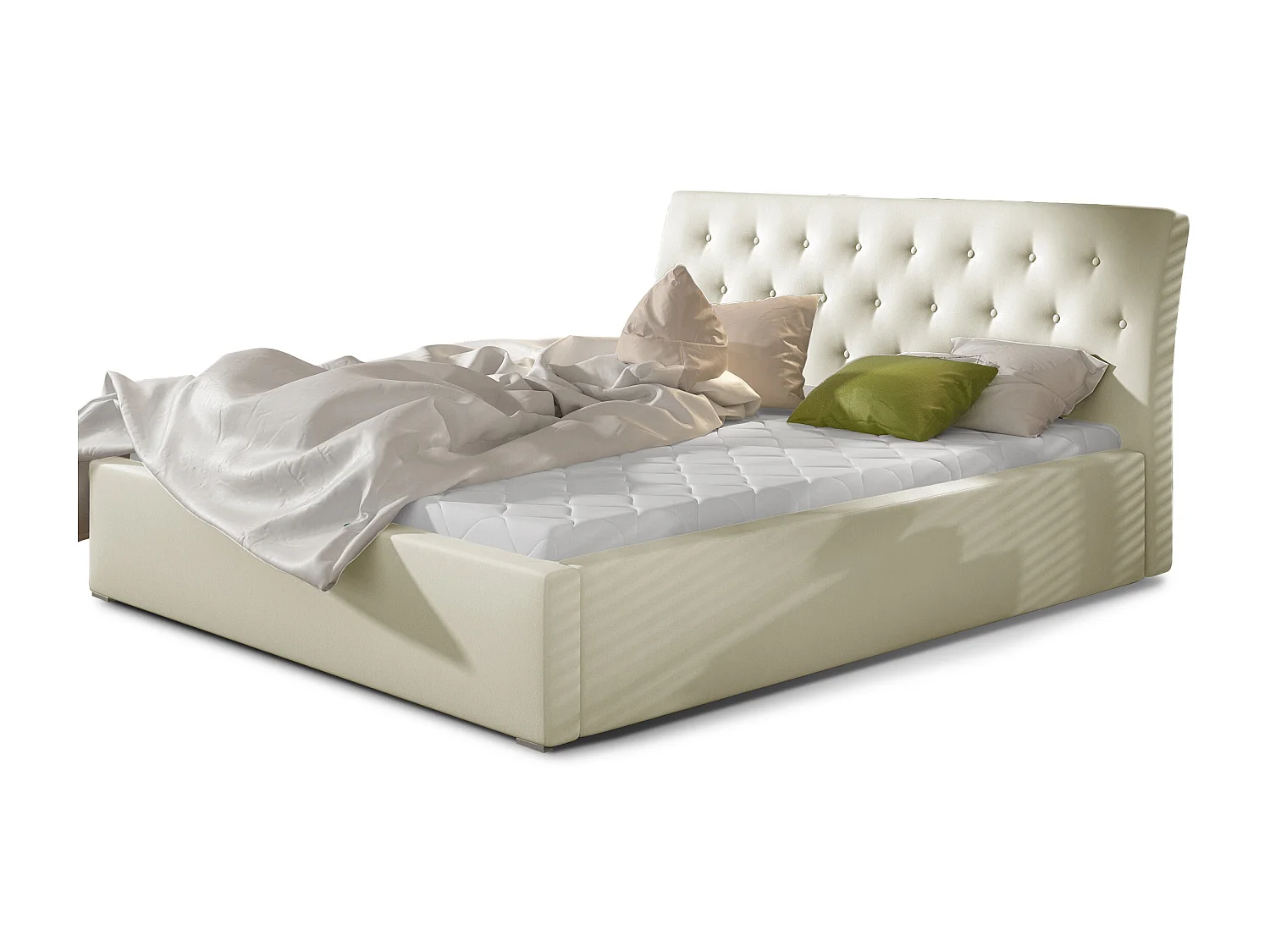 Lit simili cuir capitonné Venizia-Couleur Crème-180x200-Version coffre de rangement