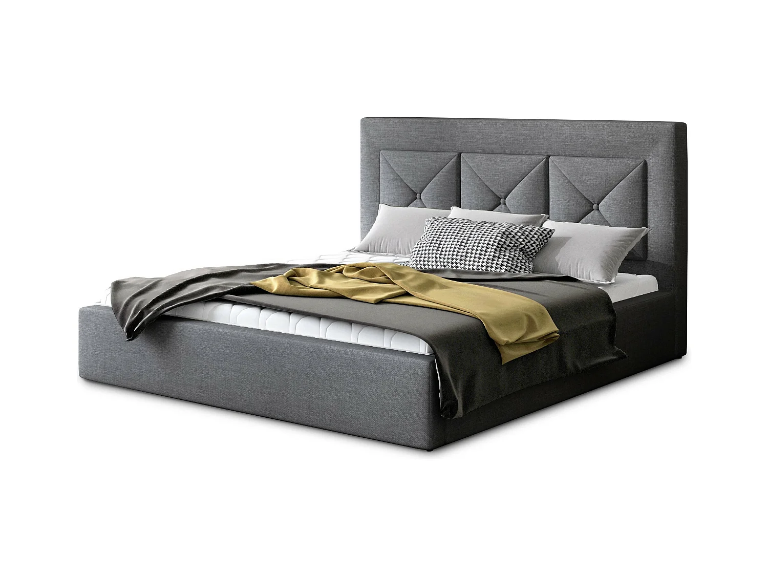 Lit double rembourré en tissu Clarin-Couleur Gris-180x200-Version avec sommier