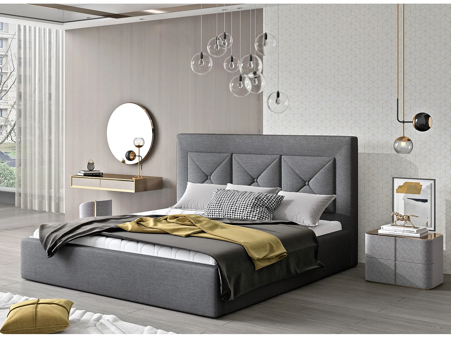 Lit double rembourré en tissu Clarin-Couleur Gris-180x200-Version avec sommier