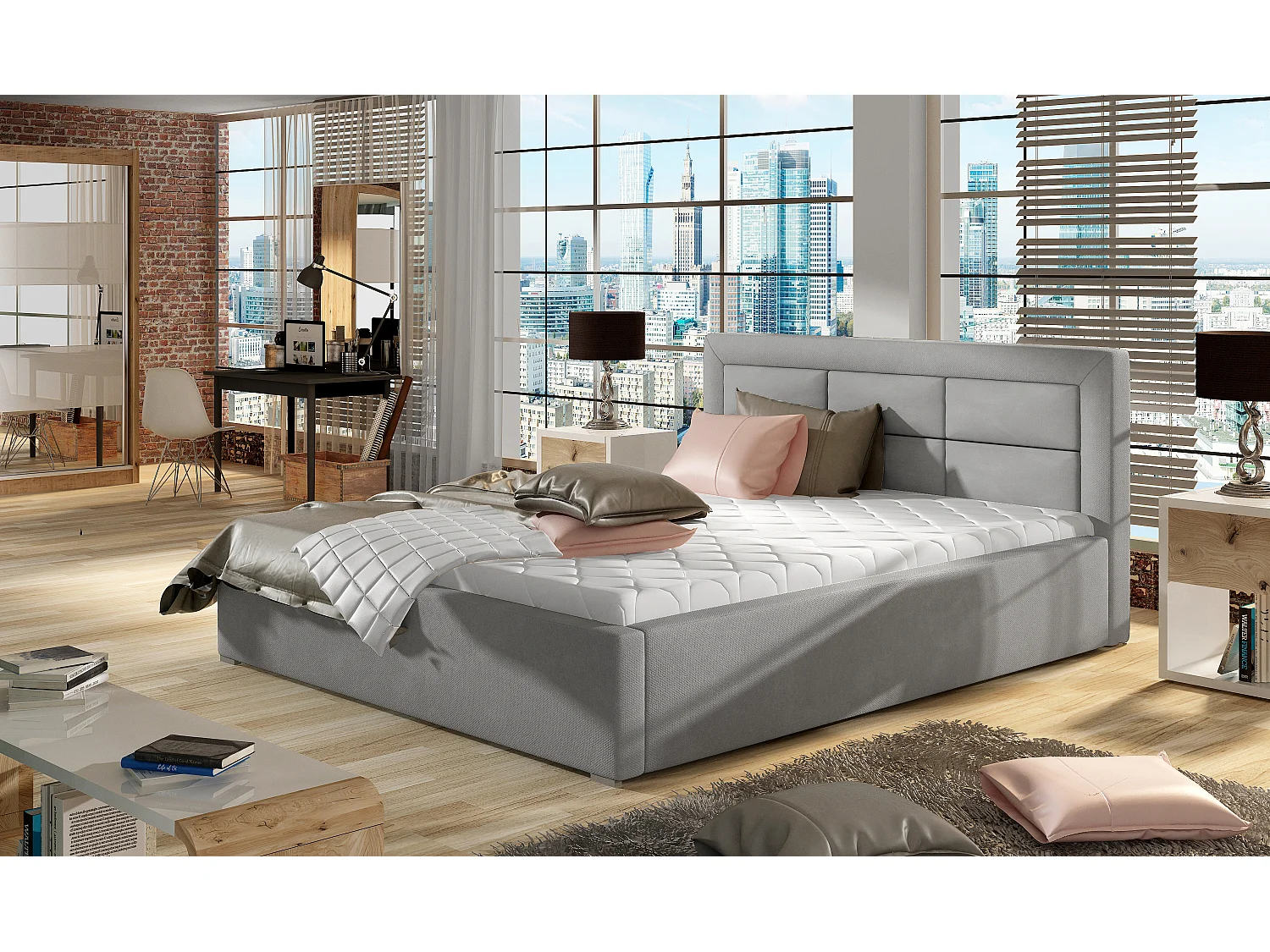 Lit moderne velours capitonné Rizaro-Couleur Gris clair-180x200-Version avec sommier