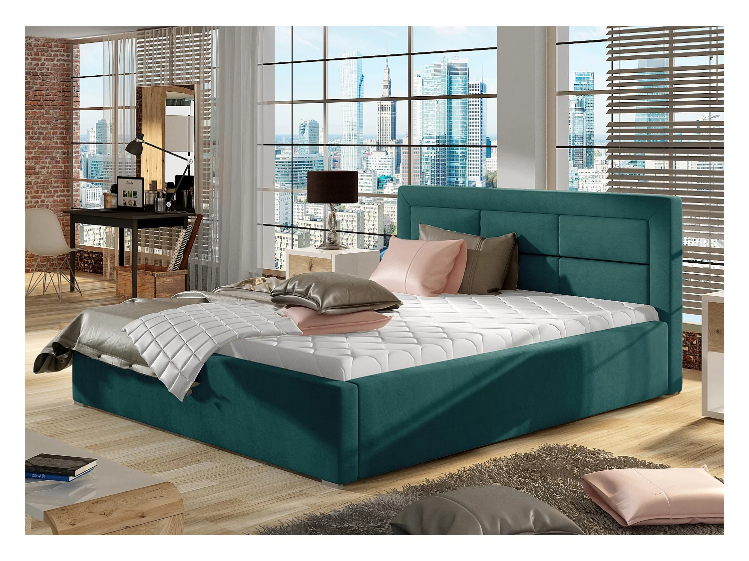 Rizaro modern gewatteerd fluwelen bed-Kleur Blauwe Eend-Slapen 160x200cm-Versie opslagruimte
