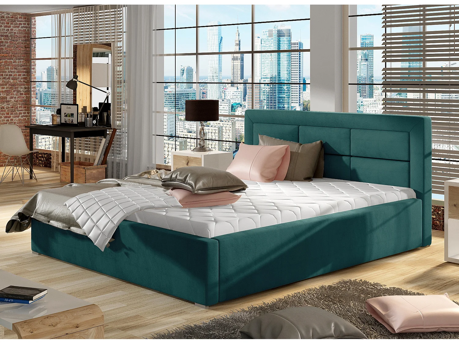 Lit moderne velours capitonné Rizaro-Couleur Bleu canard-160x200-Version coffre de rangement