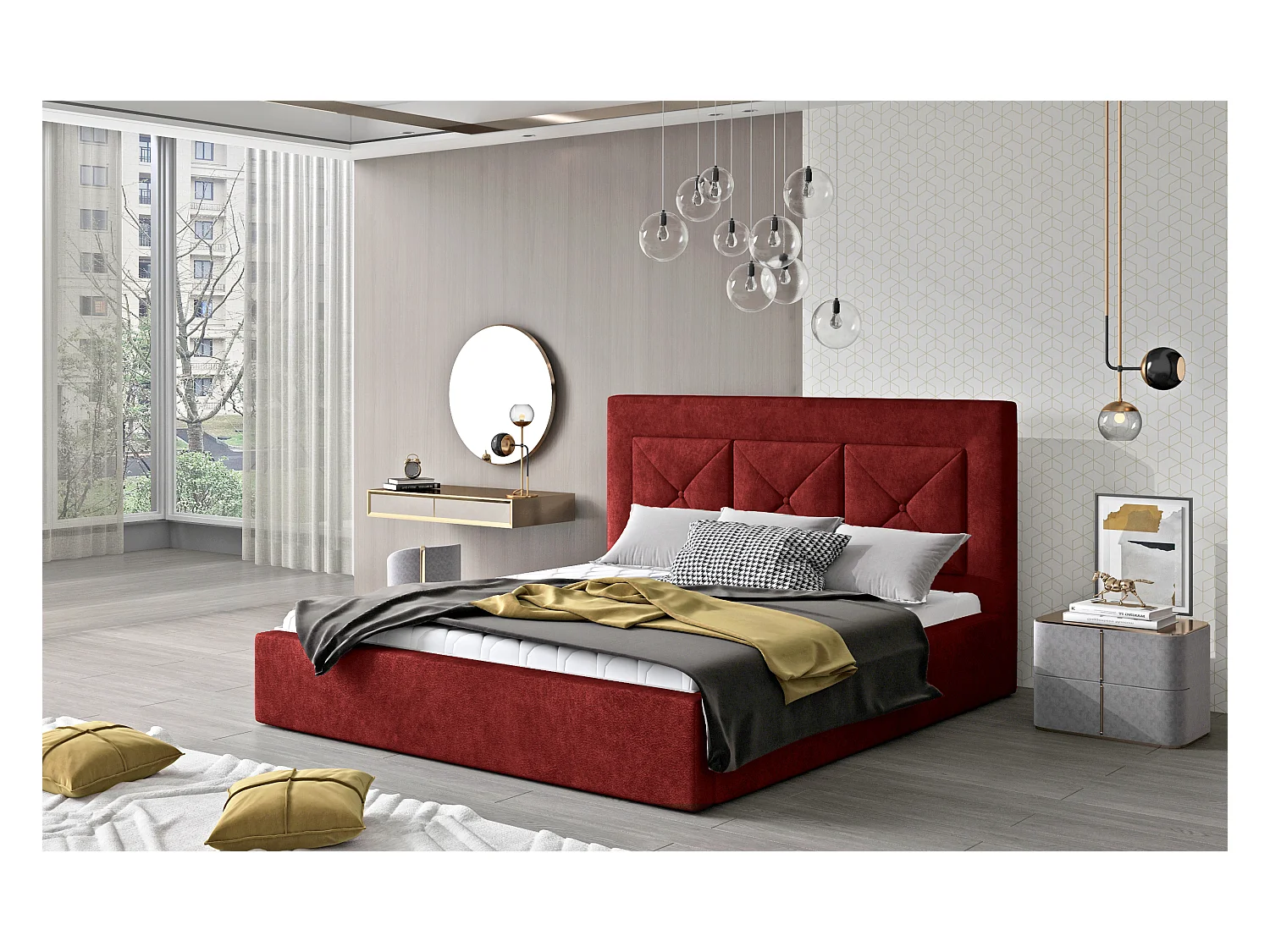 Lit double rembourré en tissu Clarin-Couleur Rouge tomette-Couchage 180x200 cm-Version avec sommier