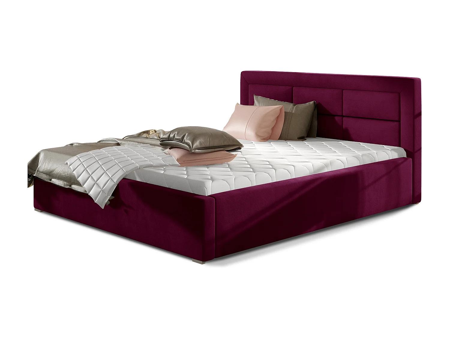 Lit moderne velours capitonné Rizaro-Couleur Magenta foncé-160x200-Version avec sommier