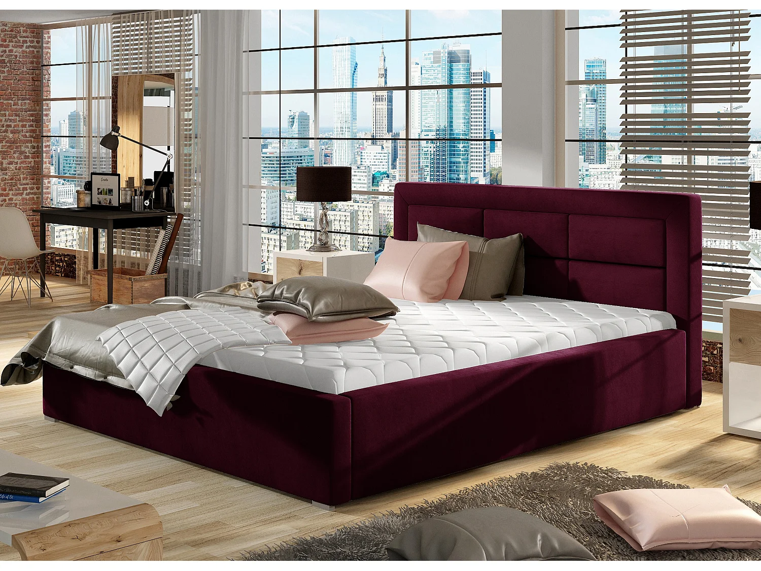 Lit moderne velours capitonné Rizaro-Couleur Magenta foncé-160x200-Version avec sommier