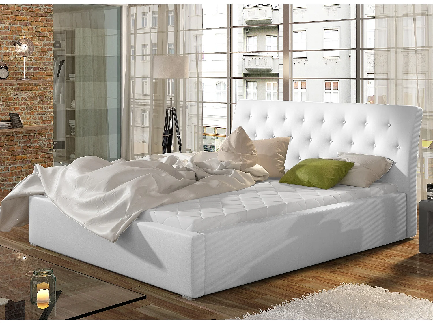 Lit simili cuir capitonné Venizia-Couleur Blanc-140x200-Version coffre de rangement