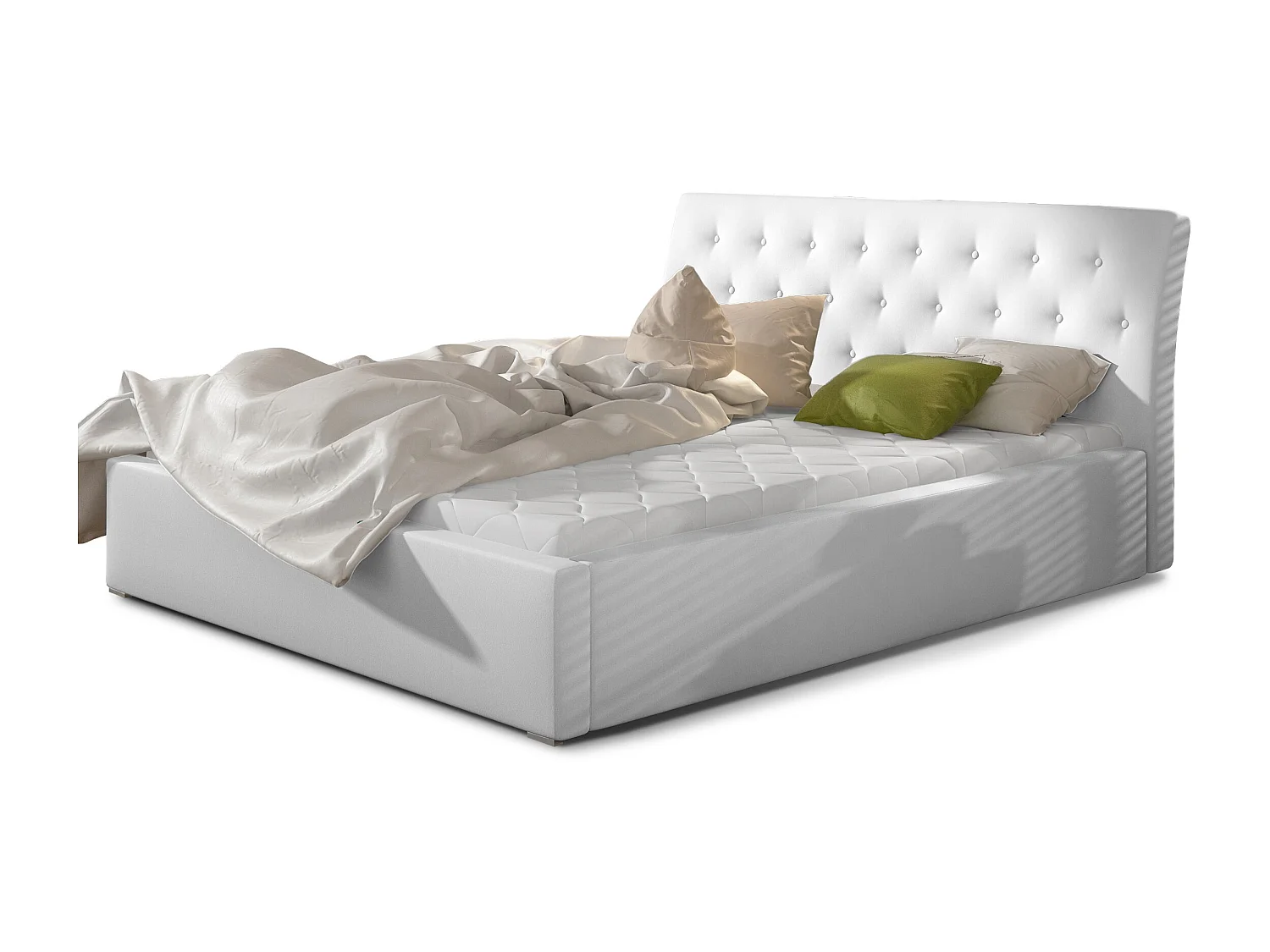 Lit simili cuir capitonné Venizia-Couleur Blanc-140x200-Version coffre de rangement