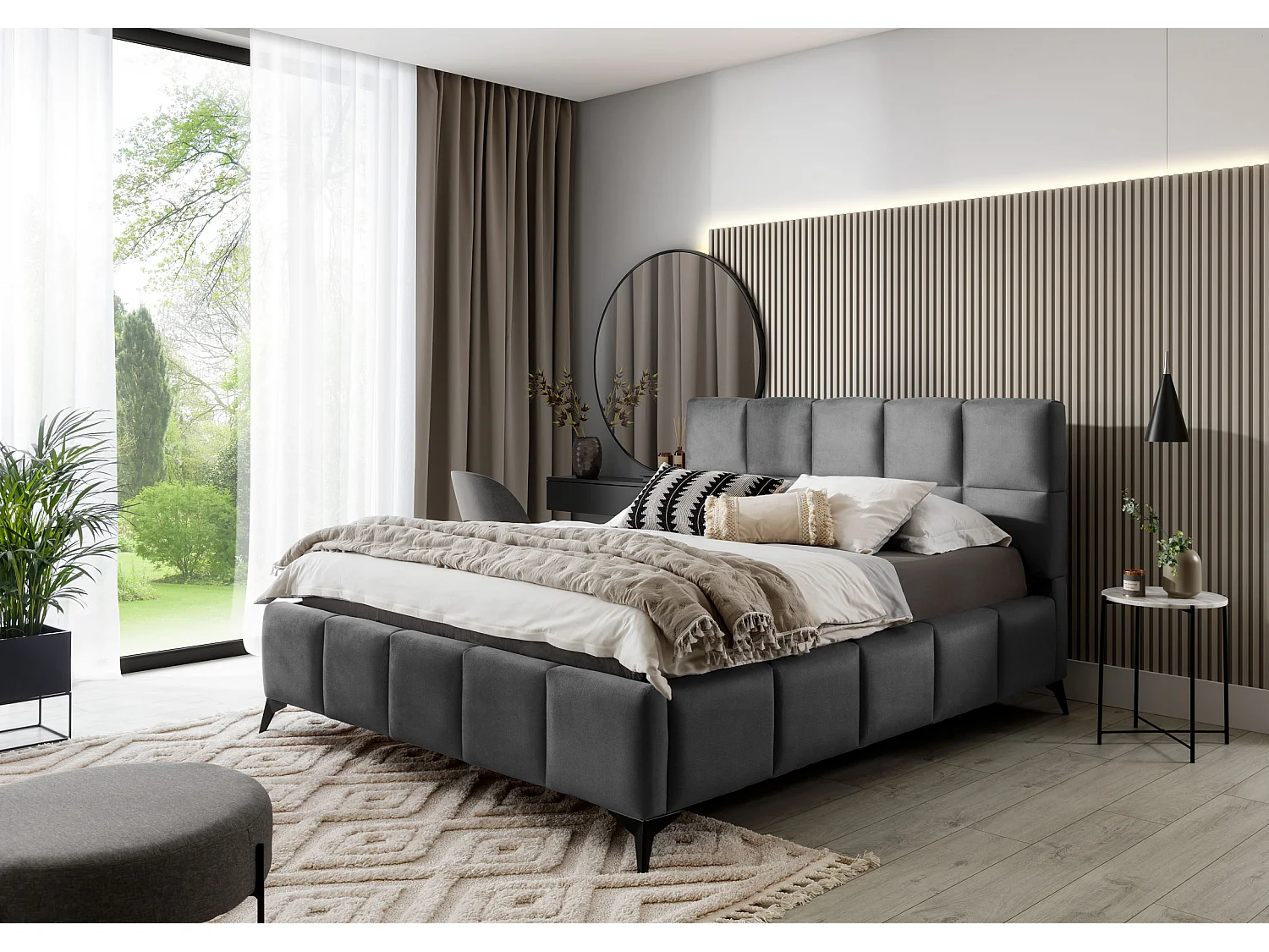 Mister luxe gewatteerd fluwelen opbergbed-Kleur Donkergrijs-Slapen 140x200cm