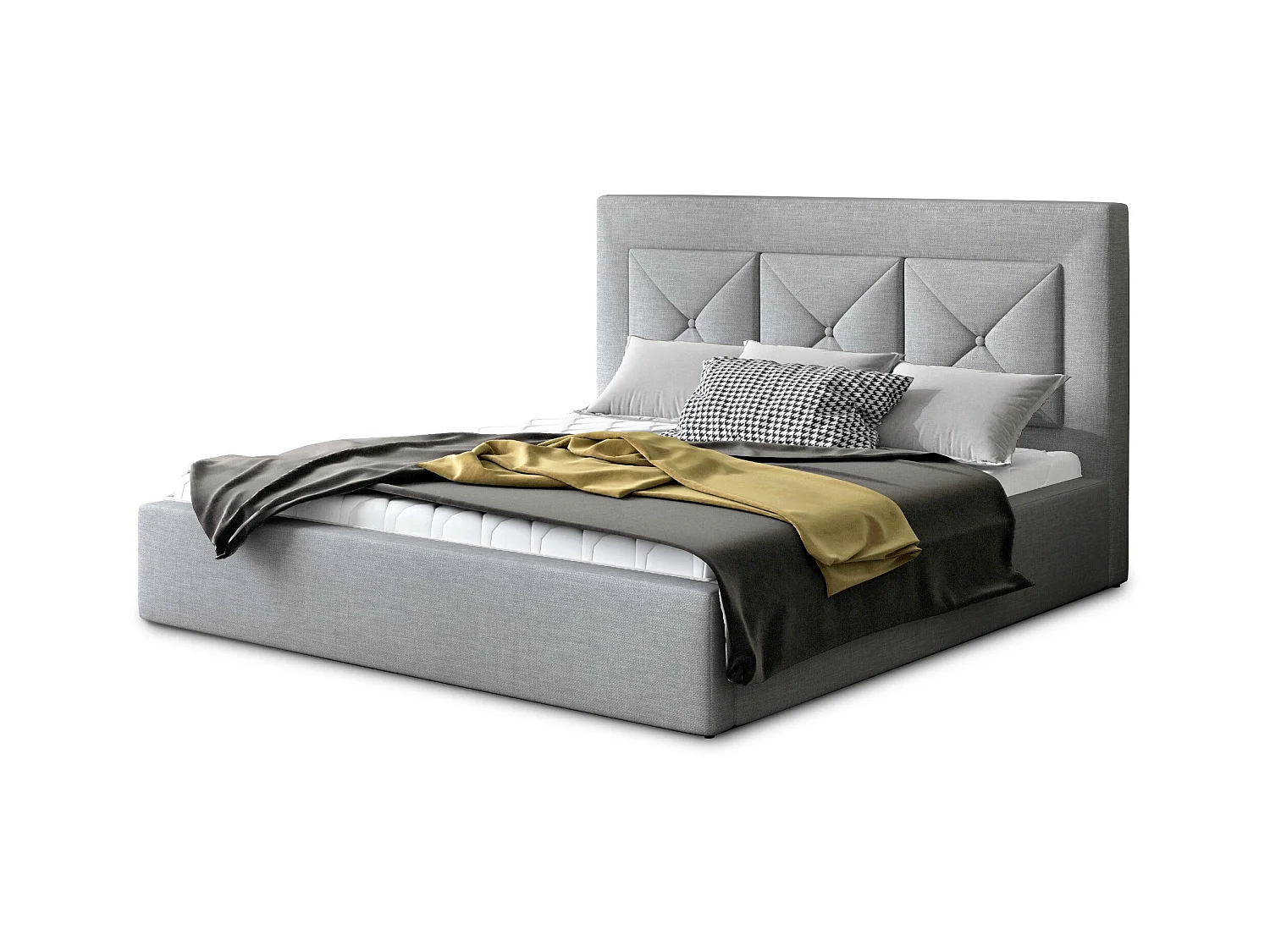 Lit double rembourré en tissu Clarin-Couleur Gris clair-180x200-Version coffre de rangement