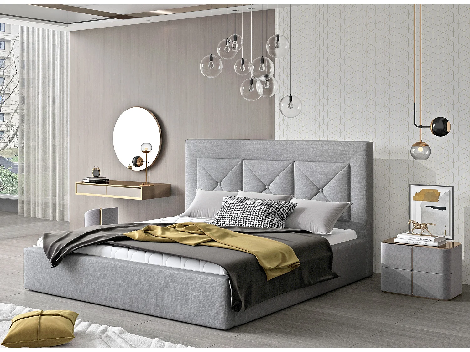 Lit double rembourré en tissu Clarin-Couleur Gris clair-180x200-Version coffre de rangement