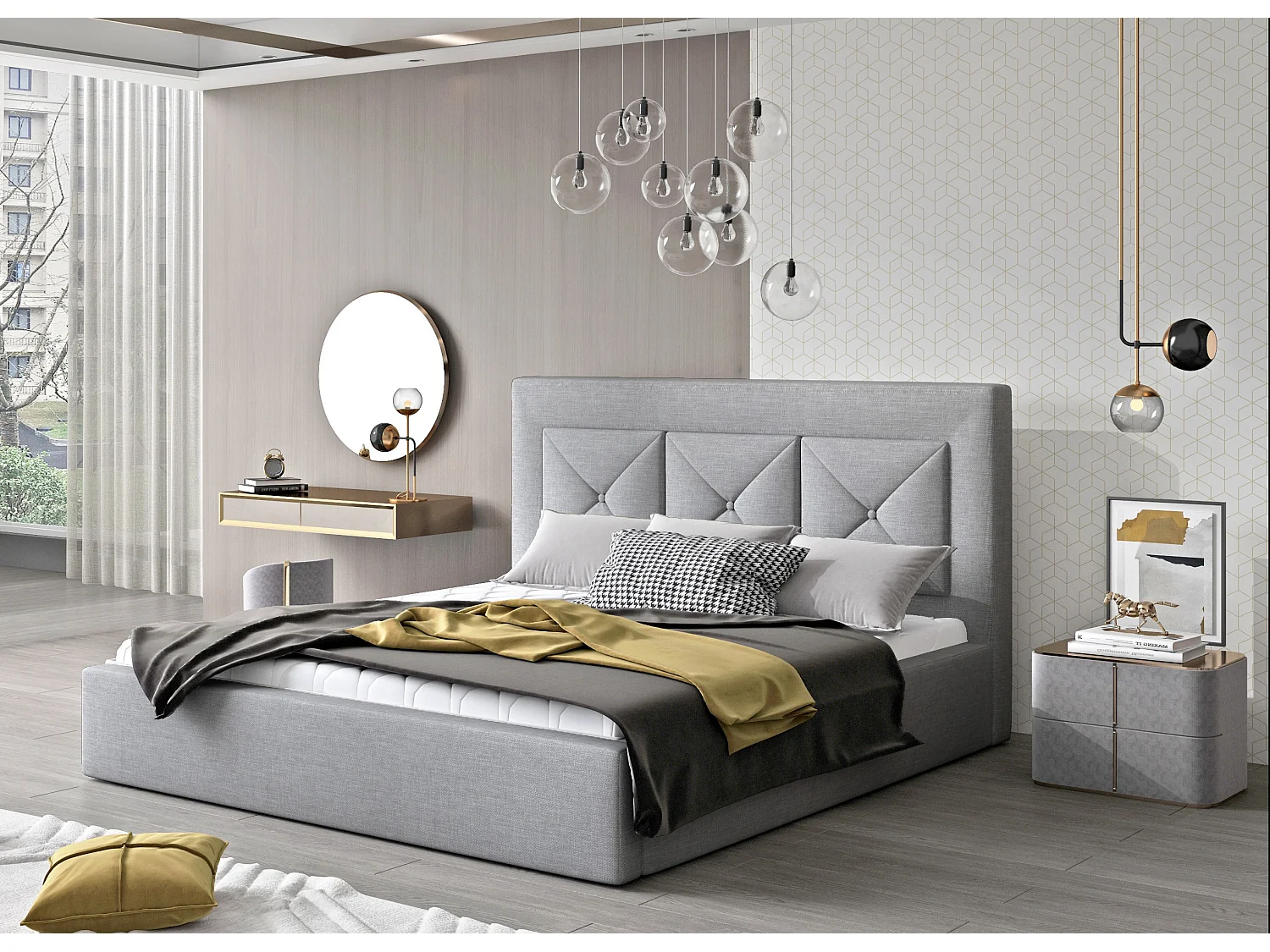 Lit double rembourré en tissu Clarin-Couleur Gris clair-200x200-Version coffre de rangement