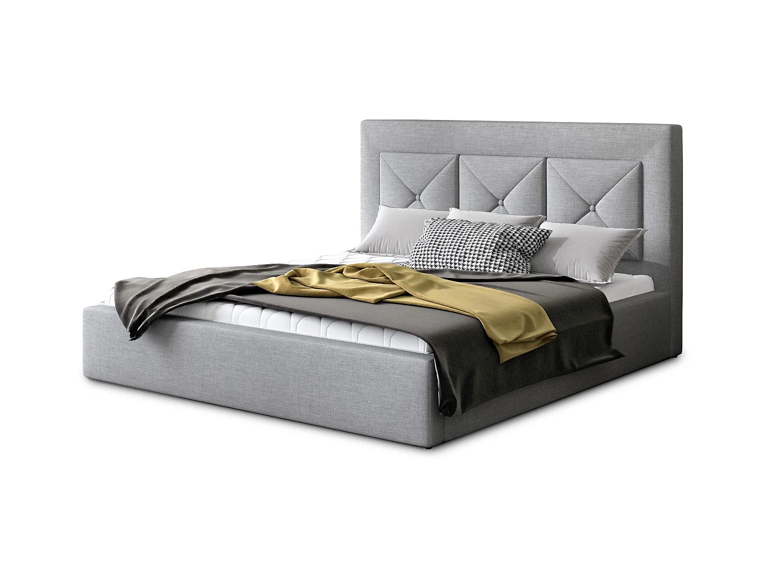 Lit double rembourré en tissu Clarin-Couleur Gris clair-200x200-Version coffre de rangement
