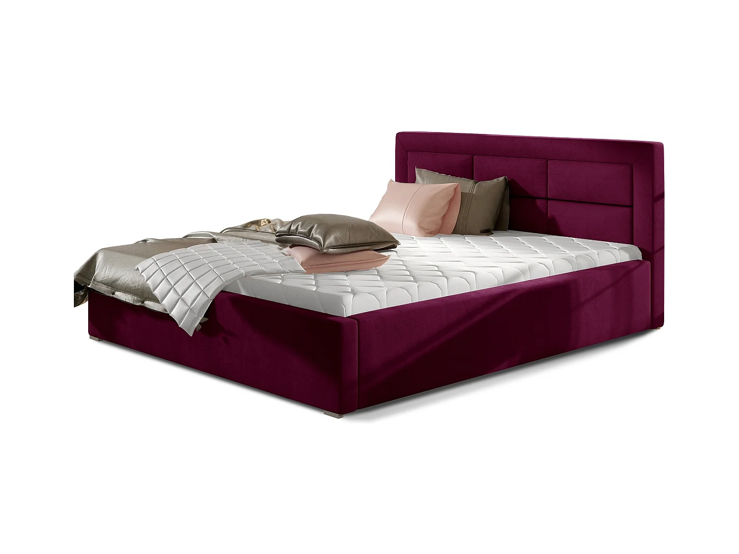 Lit moderne velours capitonné Rizaro-Couleur Magenta foncé-140x200-Version avec sommier