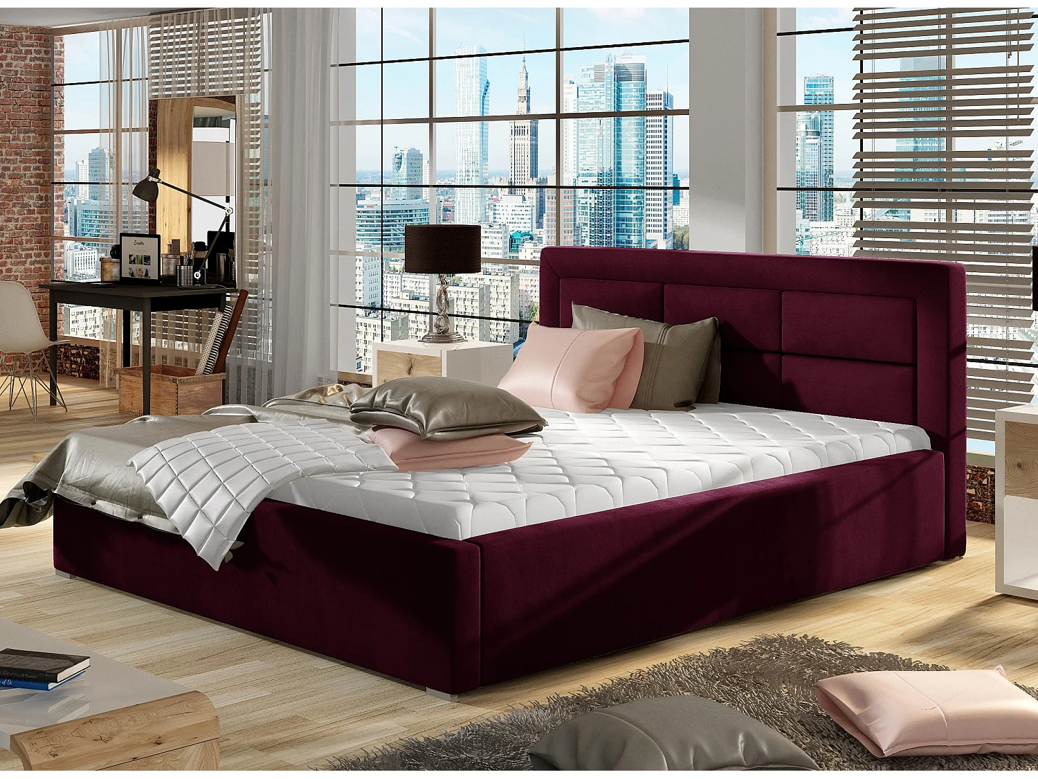 Lit moderne velours capitonné Rizaro-Couleur Magenta foncé-140x200-Version avec sommier