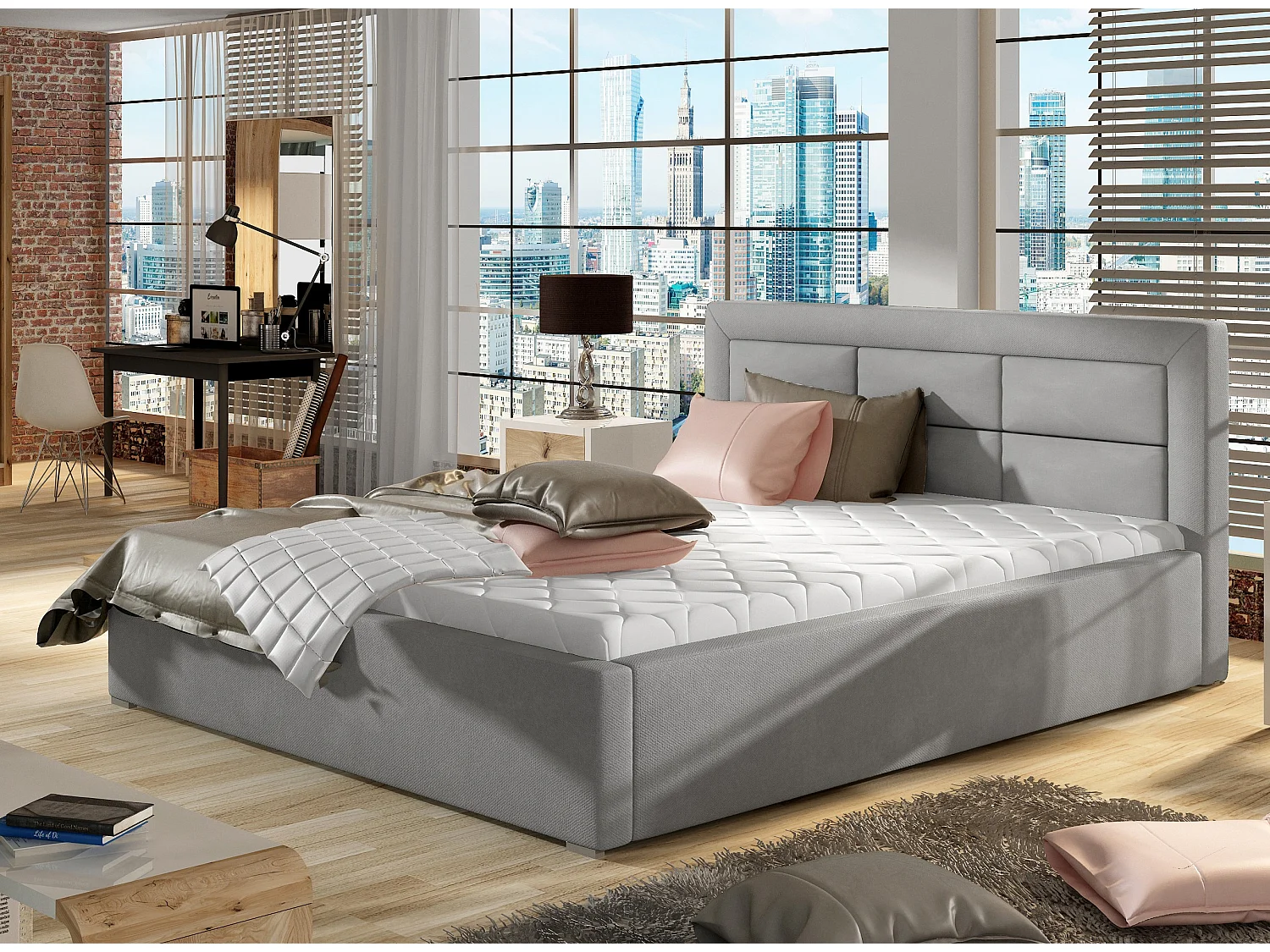 Lit moderne velours capitonné Rizaro-Couleur Gris clair-160x200-Version avec sommier