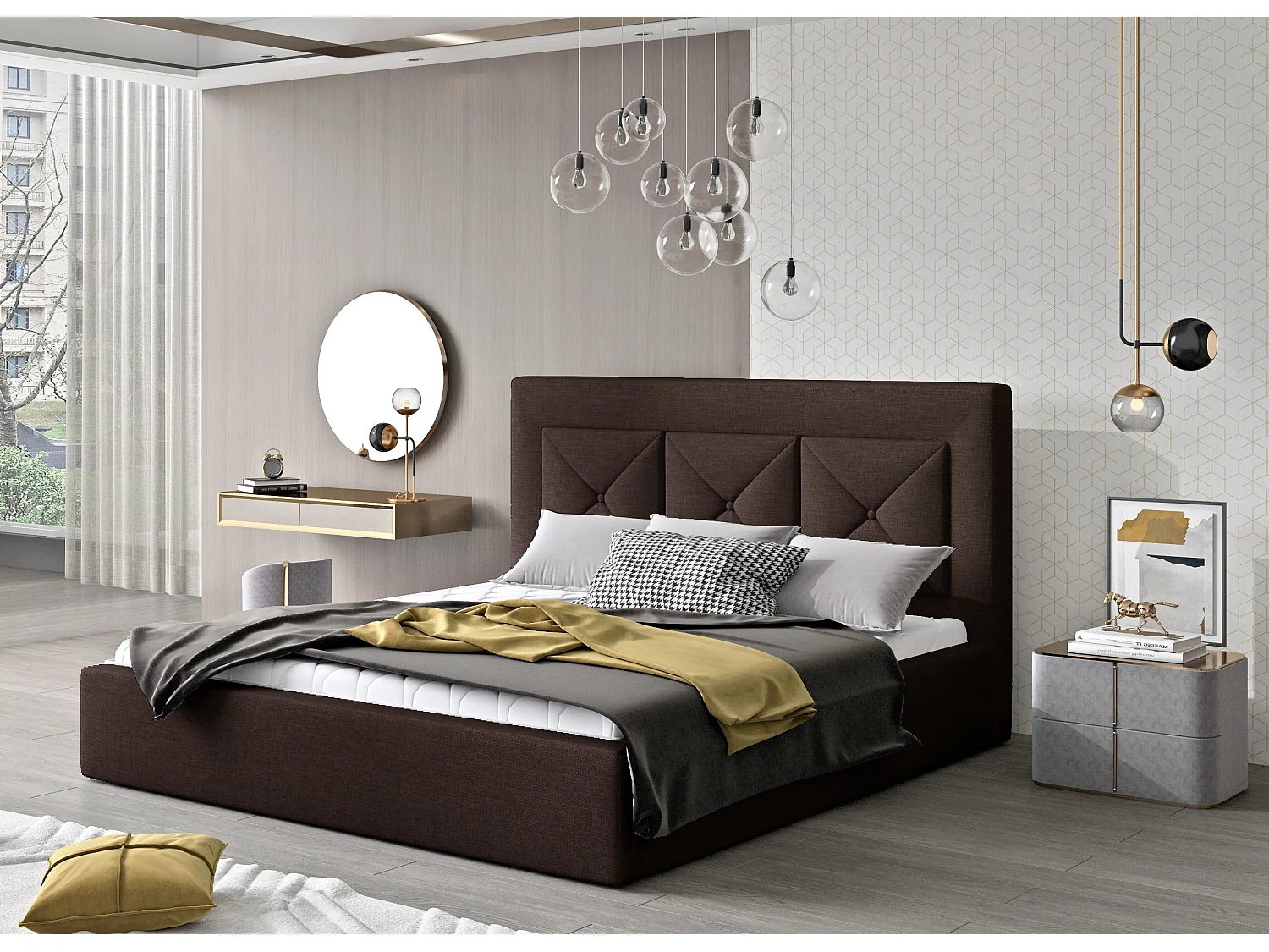 Lit double rembourré en tissu Clarin-Couleur Marron-180x200-Version coffre de rangement