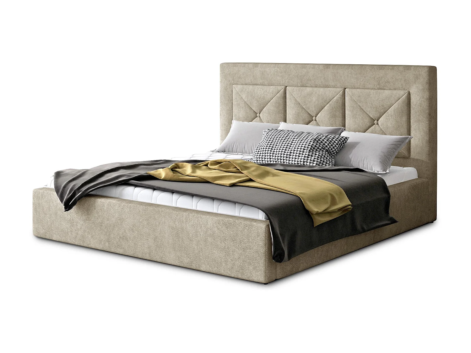 Lit double rembourré en tissu Clarin-Couleur Marron-180x200-Version coffre de rangement