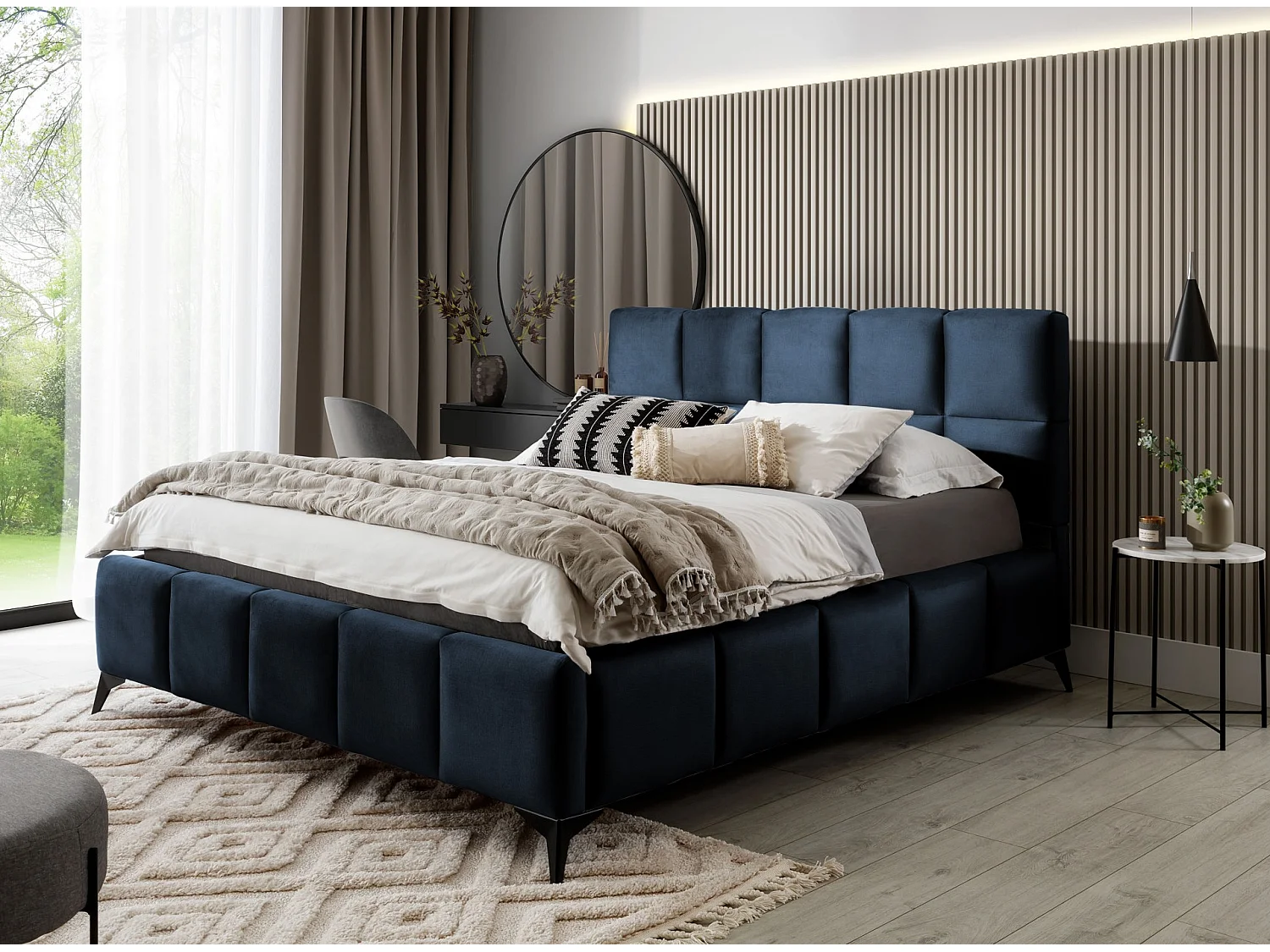 Lit coffre de luxe velours capitonné Mister-Couleur Bleu marine-140x200