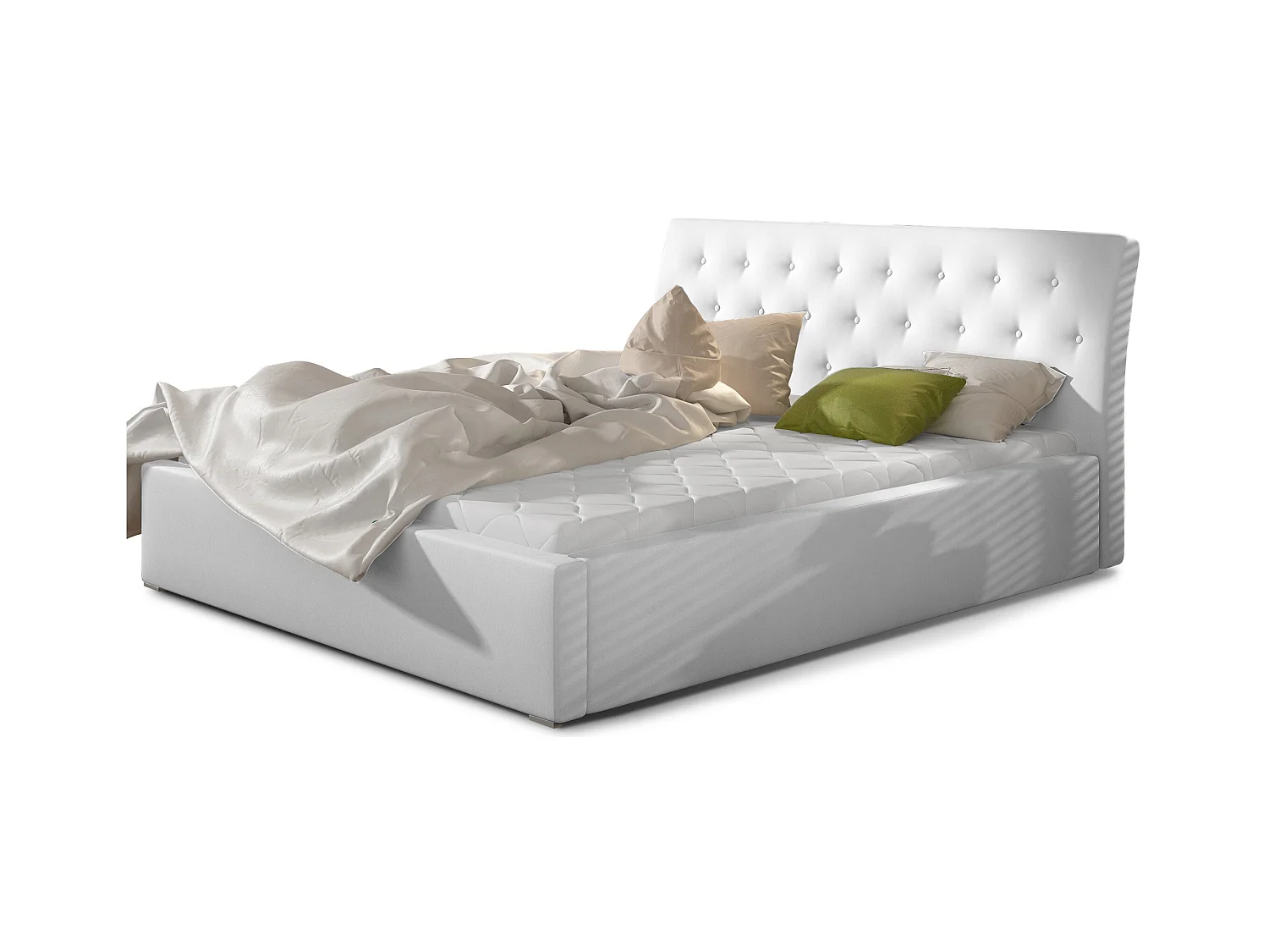 Lit simili cuir capitonné Venizia-Couleur Blanc-160x200-Version coffre de rangement