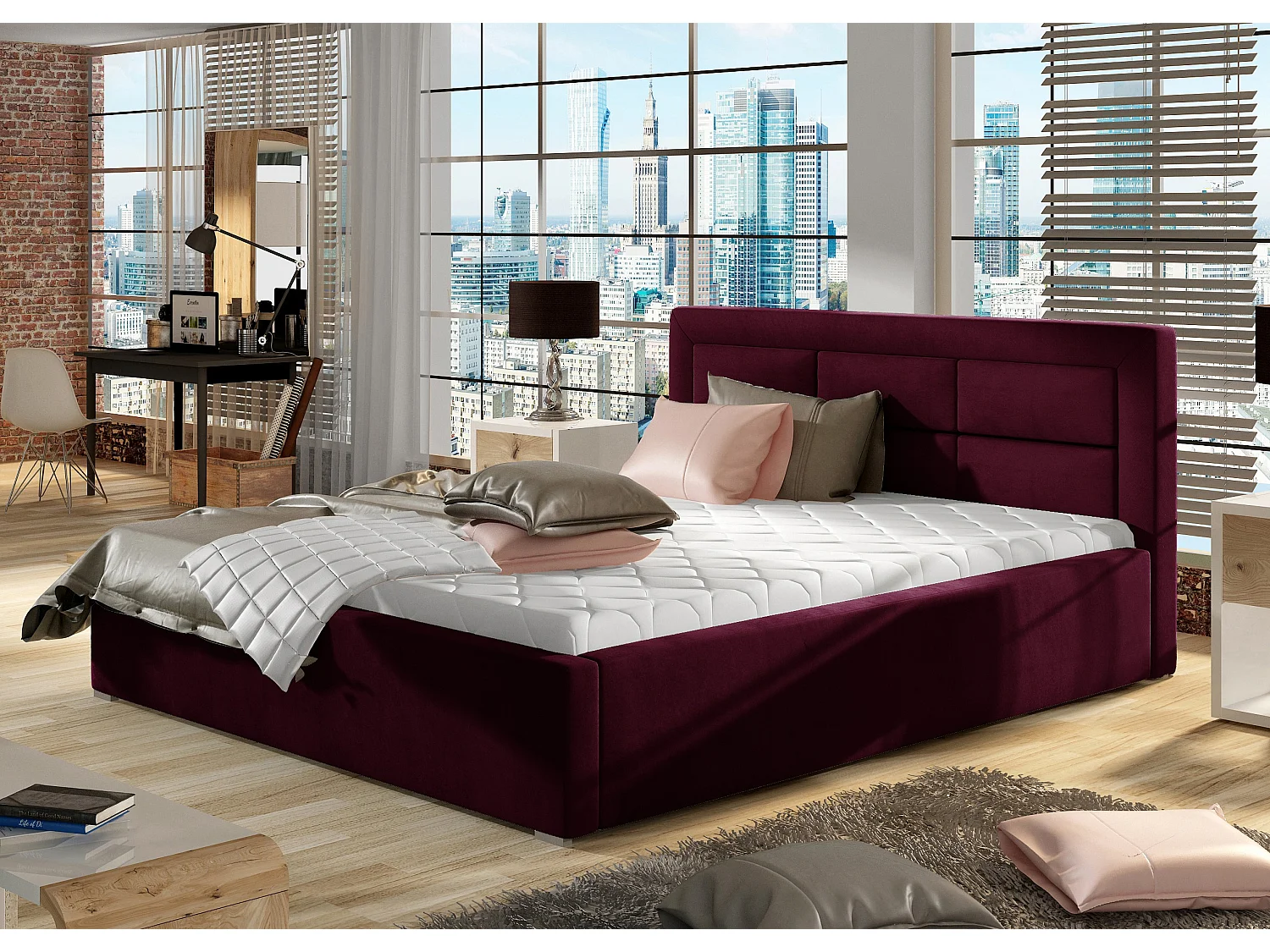 Lit moderne velours capitonné Rizaro-Couleur Magenta foncé-140x200-Version coffre de rangement